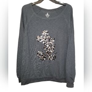 Disney Parks Authentic Mickey Mouse Sequin Leopard Pullover Charcoal Gray Top XL
